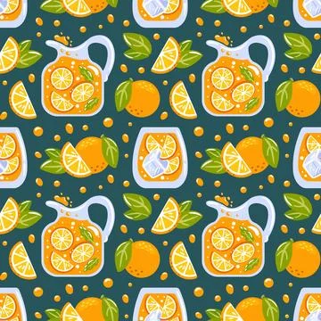 Seamless pattern showcasing vibrant orange lemonade with orange slices in a Stock Illustration