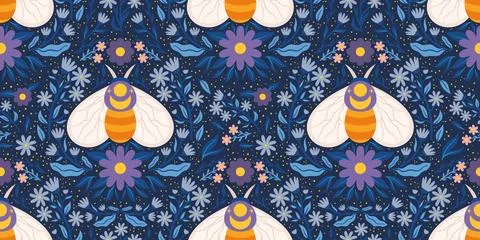 Seamless pattern showcasing a whimsical moth, flowers, and leaves in blue p.. Stock Illustration