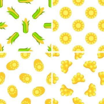 Seamless pattern showing corn cobs, slices and kernels on white background Stock Illustration