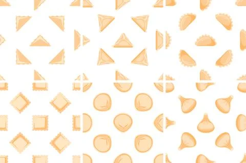 Seamless pattern showing different types of filled pasta including ravioli Ilustração Stock
