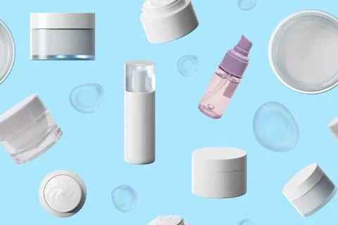 This seamless pattern shows different cosmetic products like jars, creams, .. 스톡 사진