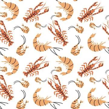 Seamless pattern of shrimp and lobster illustrations on white background Stock Illustration
