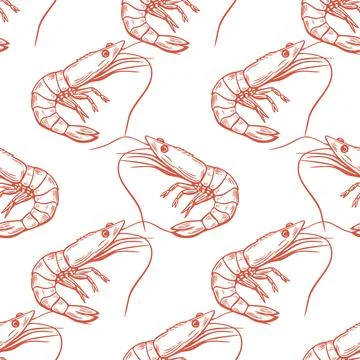 Seamless pattern, shrimp, line pattern, red on white background. Packaging,.. Stock Illustration
