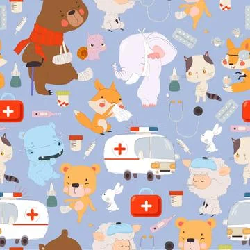 Seamless Pattern with Sick Cartoon Characters on Blue Background Stock Illustration