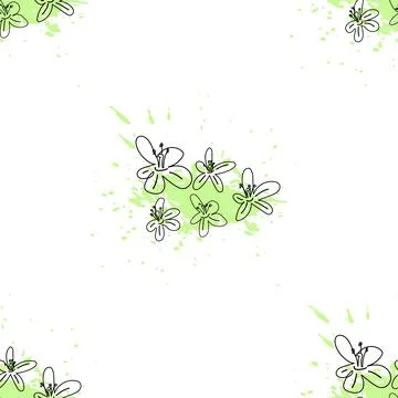 Seamless pattern with silhouette of apple tree flowers with green paint splash. Stock Illustration