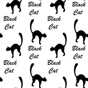 Seamless pattern of silhouette a black cat with lettering Black Cat. Happy Stock Illustration