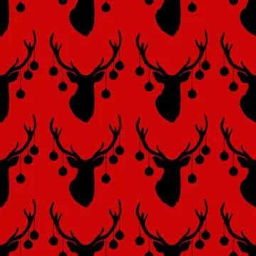 Seamless pattern with silhouette of deer head  christmas tree toys on horns  red Stock Illustration