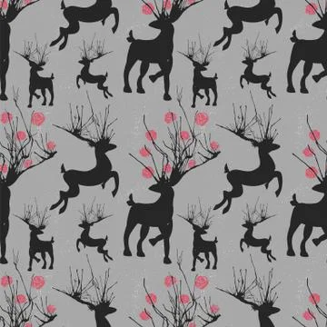 Seamless pattern with silhouette of deers and great horns with flowers. Stock Illustration