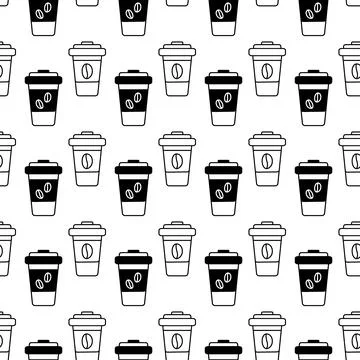 Seamless pattern of silhouette drawn disposable coffee cups with grains on it 스톡 일러스트