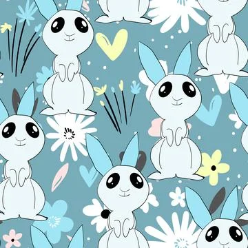 Seamless pattern with silhouette Easter rabbits on color background. Design for イラスト素材