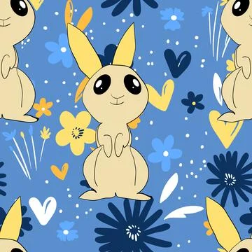 Seamless pattern with silhouette Easter rabbits on color floral background 스톡 일러스트