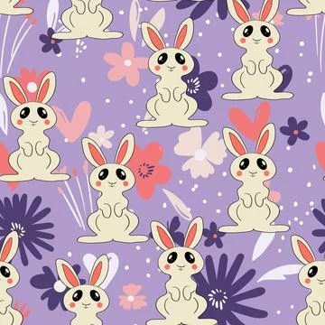 Seamless pattern with silhouette Easter rabbits on color floral background 스톡 일러스트