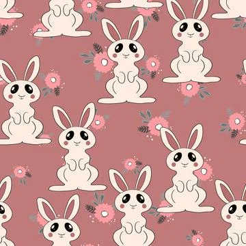 Seamless pattern with silhouette Easter rabbits on color floral background Illustrazione stock