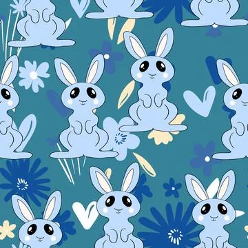 Seamless pattern with silhouette Easter rabbits on color floral background 스톡 일러스트