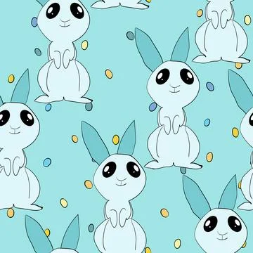 Seamless pattern with silhouette Easter rabbits on color background. Design for 스톡 일러스트