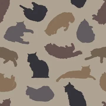 Seamless pattern with the silhouette of a fluffy Manx cat. Stock Illustration