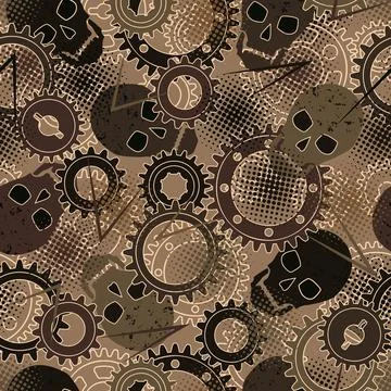 Seamless pattern with silhouette of gears, skulls Stock Illustration
