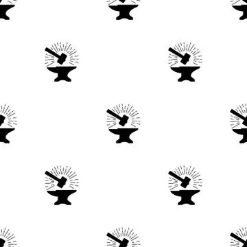 Seamless pattern with silhouette icons of hammer and anvil. Blacksmith. Vector. Stock Illustration