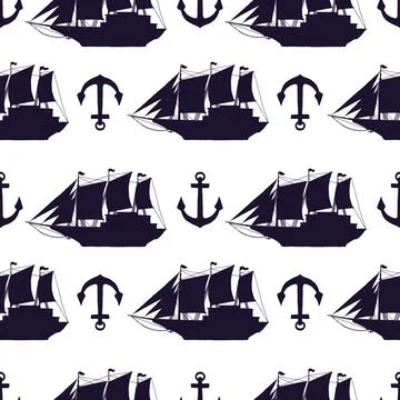 Seamless pattern of silhouette ships and anchors. Vector black doodle sketch Stock Illustration