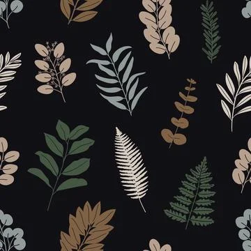 Seamless pattern of silhouette willow, spiral, seeded eucalyptus, magnolia,.. Stock Illustration
