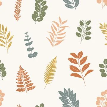 Seamless pattern of silhouette willow, spiral, seeded eucalyptus, magnolia,.. Stock Illustration