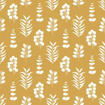 Seamless pattern of silhouette willow, spiral, seeded, silver dollar eucaly.. Stock Illustration