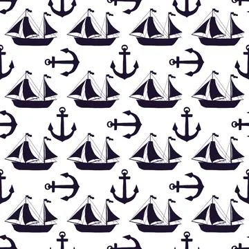 Seamless pattern of silhouette yachts and anchors. Vector black doodle sketch Stock Illustration