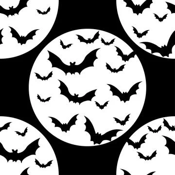 Seamless pattern silhouettes of bats on the background of a full moon Stock Illustration