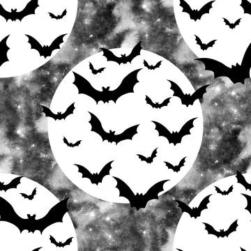 Seamless pattern silhouettes of bats on the background of a full moon Stock Illustration