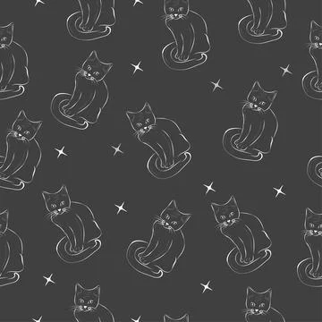 Seamless pattern of silhouettes of black cat, star Stock Illustration