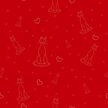 Seamless pattern with silhouettes of cats and hearts on a red background. Stock Illustration