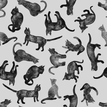 Seamless pattern silhouettes of cats gray watercolor Stock Illustration