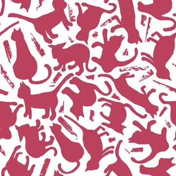 Seamless pattern silhouettes of cats with markers monochrome Stock Illustration