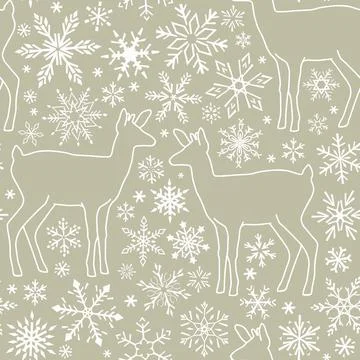 Seamless pattern with silhouettes of deer and snowflakes. Simple Outline Vect Stock Illustration