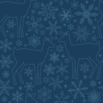 Seamless pattern with silhouettes of deer and snowflakes. Outline Vector illu Stock Illustration