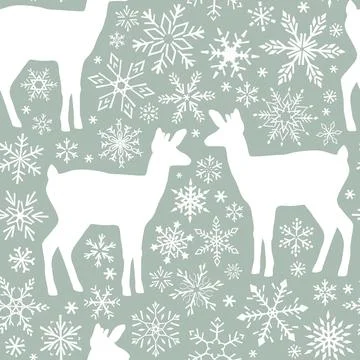 Seamless pattern with silhouettes of deer and snowflakes. Vector illustration Stock Illustration