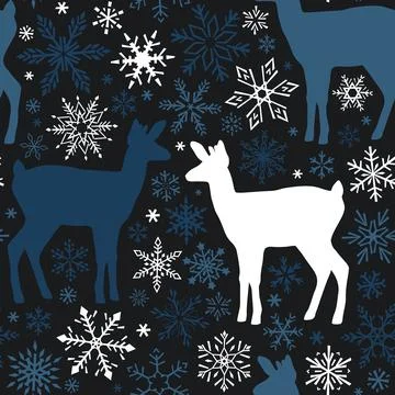 Seamless pattern with silhouettes of deer and snowflakes. Colorful Vector ill Illustrazione stock