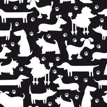Seamless pattern with silhouettes of different dogs. Stock Illustration