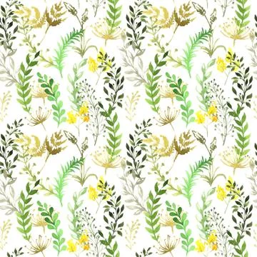 Seamless pattern with silhouettes of flowers and grass, drawing by watercolor Stock Illustration