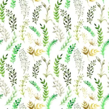 Seamless pattern with silhouettes of flowers and grass, drawing by watercolor Stock Illustration