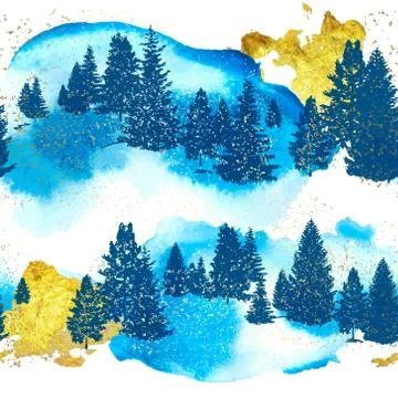 Seamless pattern with silhouettes forest trees,gold strokes and watercolor te Stock Illustration