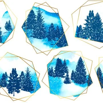 Seamless pattern with silhouettes forest trees,gold geometric shapes and wate Stock Illustration