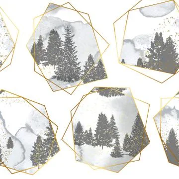 Seamless pattern with silhouettes forest trees,gold geometric shapes and wate Stock Illustration