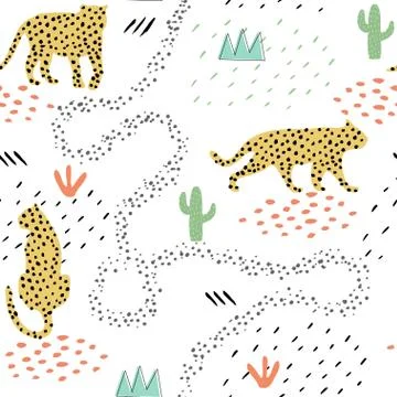 Seamless pattern with silhouettes of hand drawn spots leopards. Trendy wild Illustrazione stock