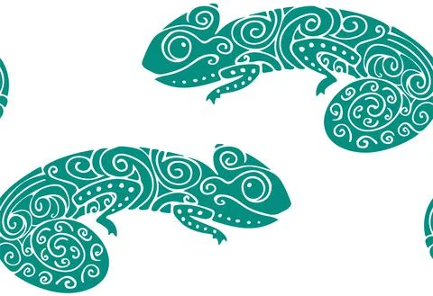 Seamless Pattern with Silhouettes of Hand Drawn Doodle Funny Chameleon. Stock Illustration