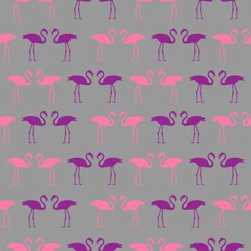 Seamless pattern with silhouettes of pink flamingos on a gray background. Illustrazione stock