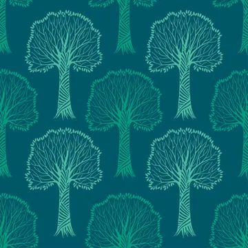 Seamless pattern with silhouettes of trees, vector hand drawn trees. Stockillustratie