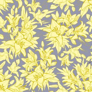 Seamless pattern with Silhouettes of Yellow illuminating Lily Flowers on Gray. Stock Illustration