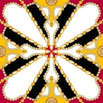 Seamless pattern, Silk scarf with golden chains and geometric ornaments. Squared Stock Illustration