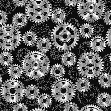 Seamless pattern with silver steel machine gears and linear gears behind Illustrazione stock